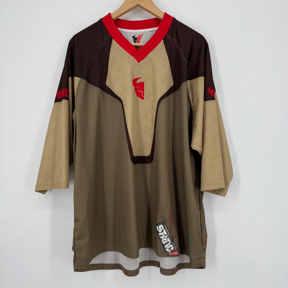 VTG THOR STATIC 2007 Motocross Jersey XXL Y2K Brown Tan Red V-Neck Long Sleeve